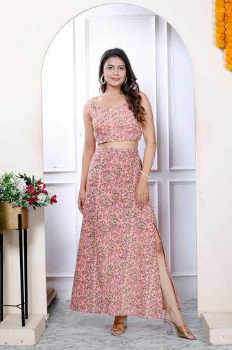 Womens orange floral printed crop top and skirt co-ord set