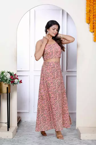 Womens orange floral printed crop top and skirt co-ord set