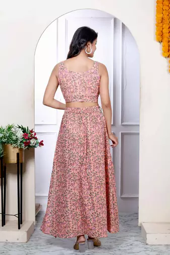 Womens orange floral printed crop top and skirt co-ord set