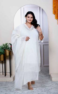 Womens plus size cream colour v neck embroidered chanderi kurta with palazzo and dupatta set 1