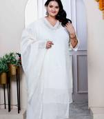 Womens plus size cream colour v neck embroidered chanderi kurta with palazzo and dupatta set