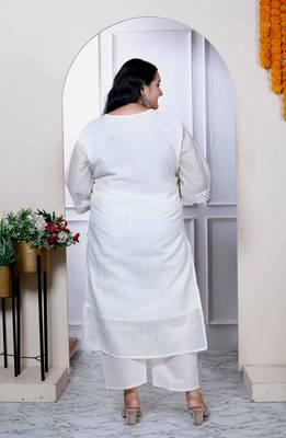 Womens plus size cream colour v neck embroidered chanderi kurta with palazzo and dupatta set 4
