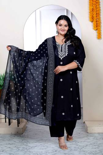 Womens plus size chikankari embroidery black straight kurta palazzo with dupatta
