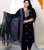 Womens plus size chikankari embroidery black straight kurta palazzo with dupatta