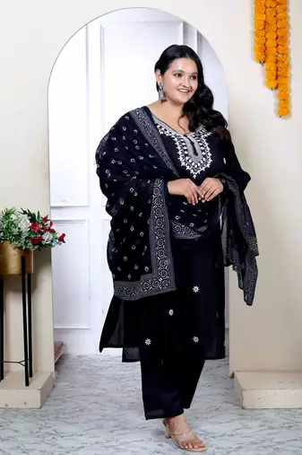 Womens plus size chikankari embroidery black straight kurta palazzo with dupatta