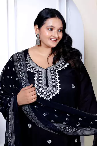 Womens plus size chikankari embroidery black straight kurta palazzo with dupatta