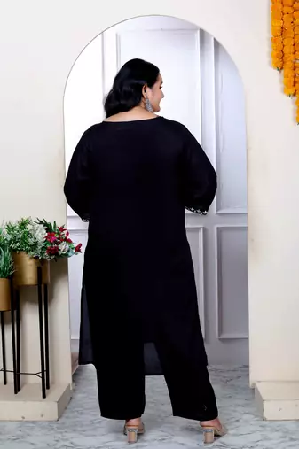 Womens plus size chikankari embroidery black straight kurta palazzo with dupatta