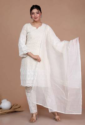 Womens chikankari cream straight kurta palazzo with dupatta set 1