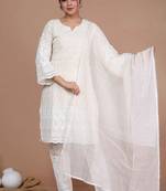 Womens chikankari cream straight kurta palazzo with dupatta set