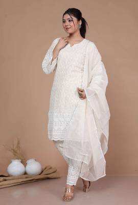 Womens chikankari cream straight kurta palazzo with dupatta set 2