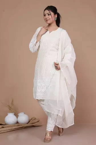 Womens chikankari cream straight kurta palazzo with dupatta set