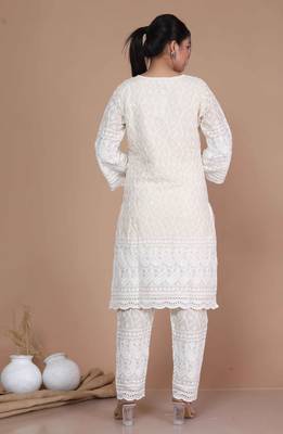 Womens chikankari cream straight kurta palazzo with dupatta set 3
