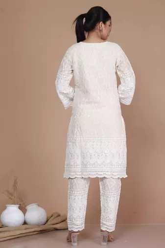 Womens chikankari cream straight kurta palazzo with dupatta set