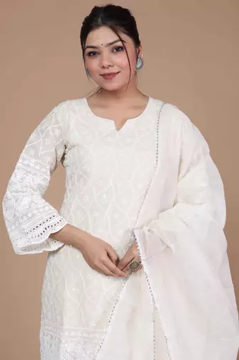 Womens chikankari cream straight kurta palazzo with dupatta set