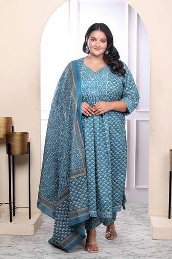 Women's plus size blue printed cotton nayra kurta palazzo set