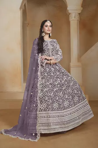 Net purple embroidered salwar kameez