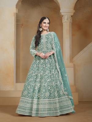 Net turquoise embroidered salwar kameez 1