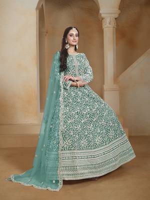 Net turquoise embroidered salwar kameez 2