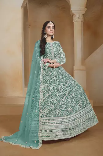 Net turquoise embroidered salwar kameez