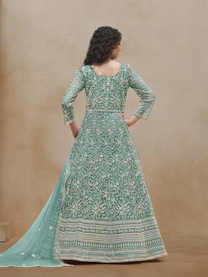 Net turquoise embroidered salwar kameez 3