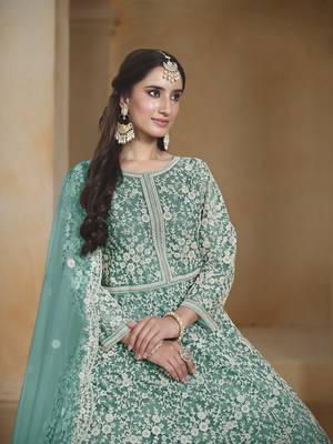 Net turquoise embroidered salwar kameez 4