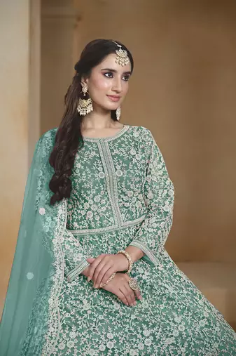 Net turquoise embroidered salwar kameez