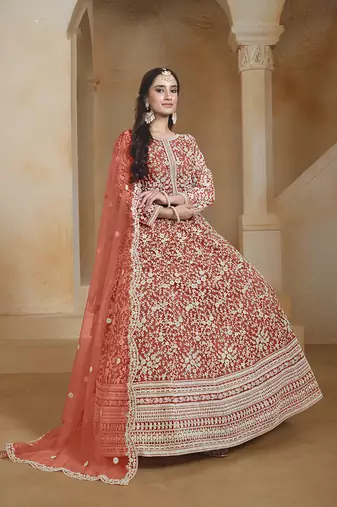 Net rust embroidered salwar kameez