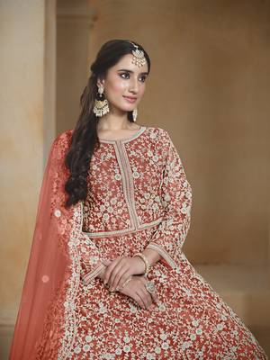 Net rust embroidered salwar kameez 4