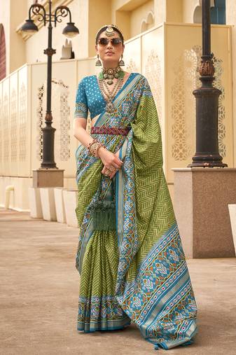 Patola silk Blend olive and light blue patola print classic saree