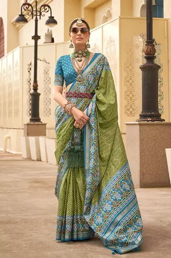 Patola silk Blend olive and light blue patola print classic saree