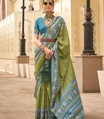Patola silk Blend olive and light blue patola print classic saree