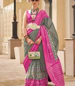 Patola silk Blend dark grey and rani pink patola print classic saree