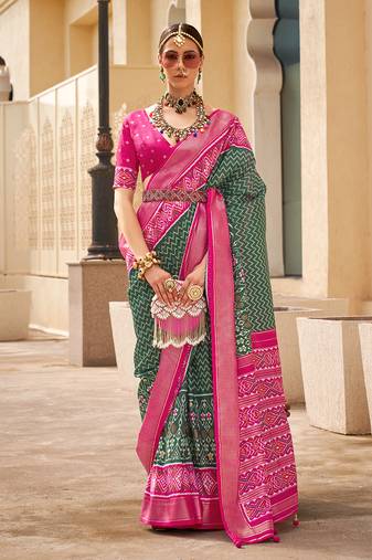 Patola silk dark green and rani pink patola print classic saree