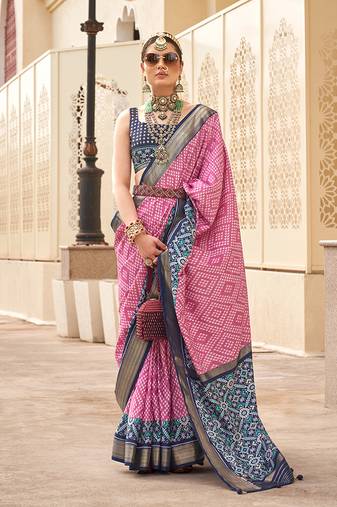Patola silk Blend pink and navy blue patola print classic saree