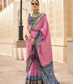 Patola silk Blend pink and navy blue patola print classic saree