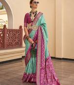Silk Blend light sea green and magenta patola print saree