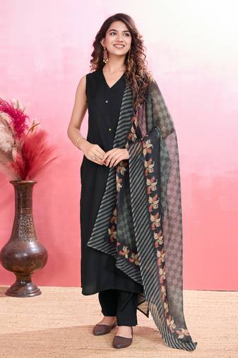  black roman silk solid straight kurta with pant & printed dupatta