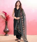  black roman silk solid straight kurta with pant & printed dupatta