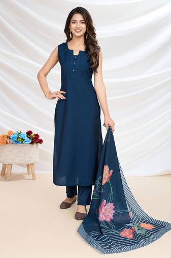  navy blue roman silk solid straight kurta with pant & printed dupatta