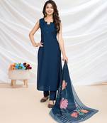 navy blue roman silk solid straight kurta with pant & printed dupatta