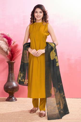  mustard roman silk solid straight kurta with pant & printed dupatta