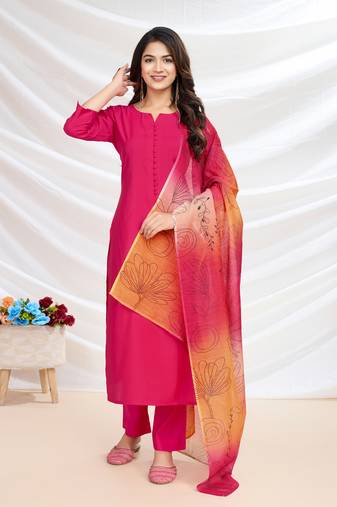  fuchsia pink roman silk solid straight kurta with pant & printed dupatta