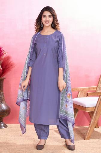  lavender roman silk solid straight kurta with afghani salwar & printed dupatta
