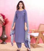  lavender roman silk solid straight kurta with afghani salwar & printed dupatta