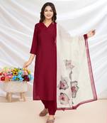  maroon roman silk solid straight kurta with afghani salwar & printed dupatta
