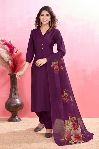 purple roman silk solid straight kurta with afghani salwar & printed dupatta