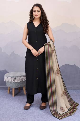  black roman silk solid straight kurta with pant & printed dupatta