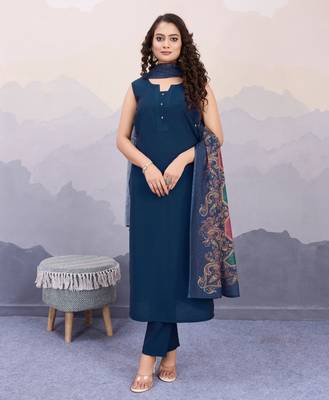  navy blue roman silk solid straight kurta with pant & printed dupatta 1
