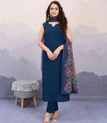 navy blue roman silk solid straight kurta with pant & printed dupatta