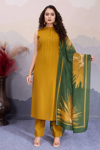  mustard roman silk solid straight kurta with pant & printed dupatta